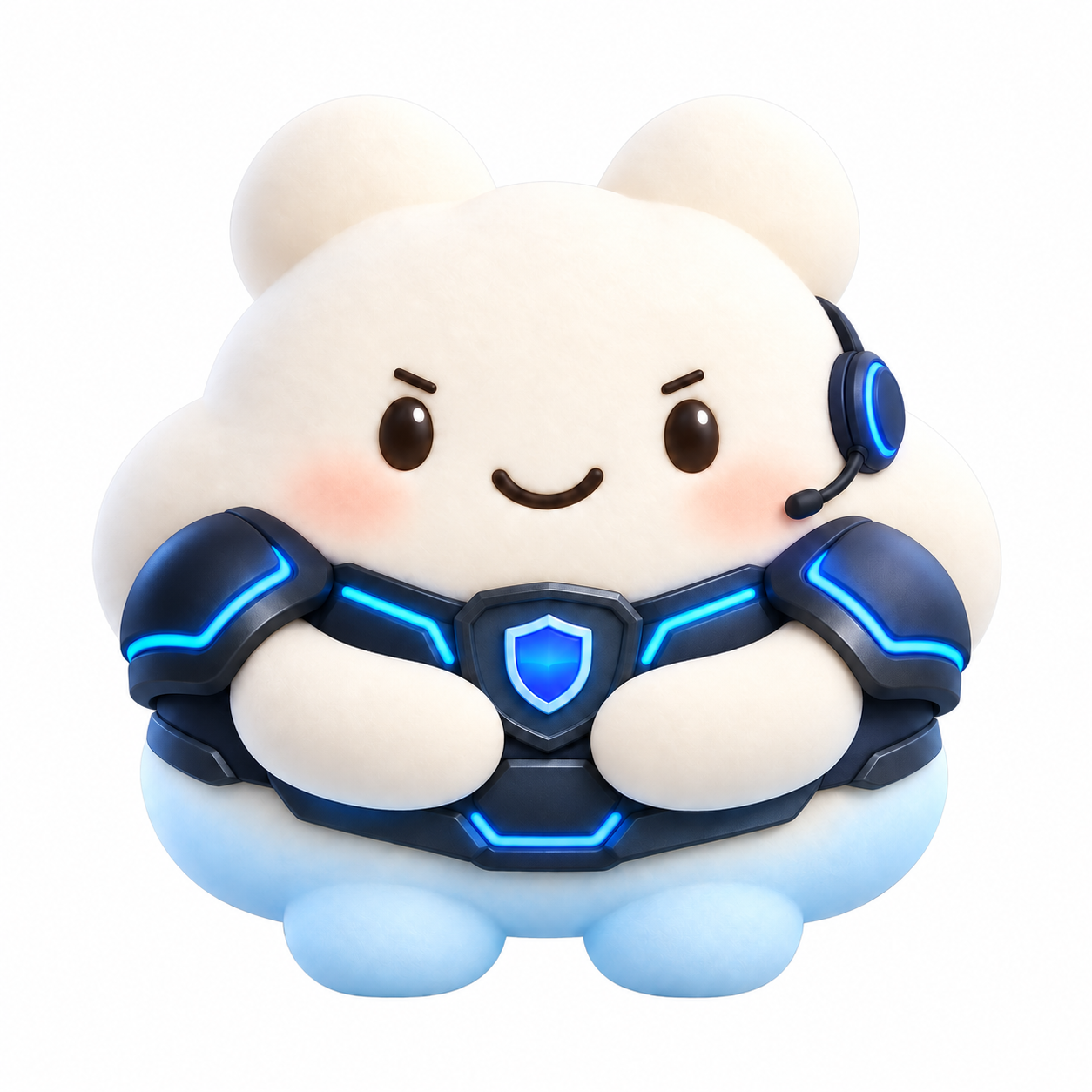 Cloudy wearing navy protective armor and a security headset