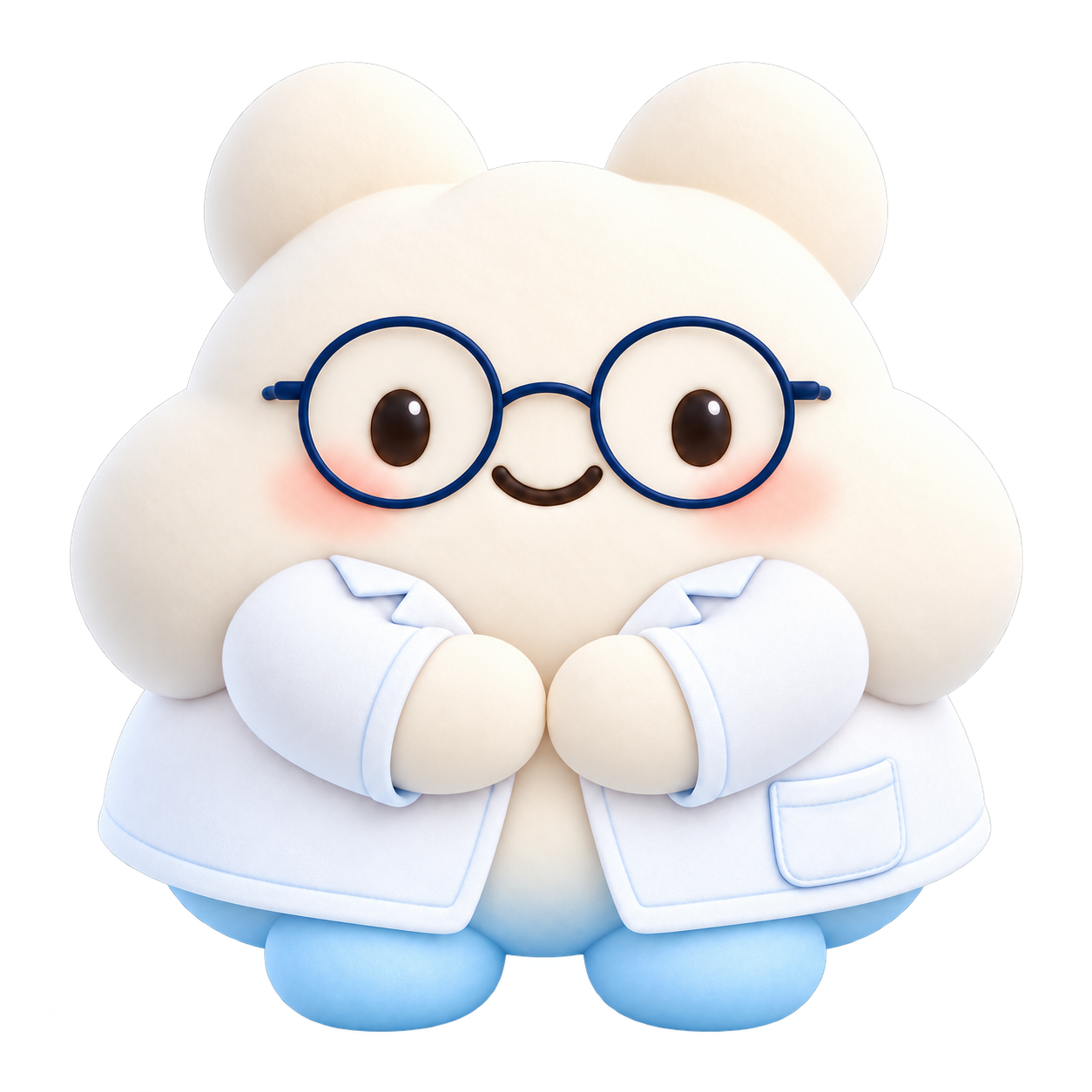 Cloudy wearing a scientist’s lab coat and round glasses